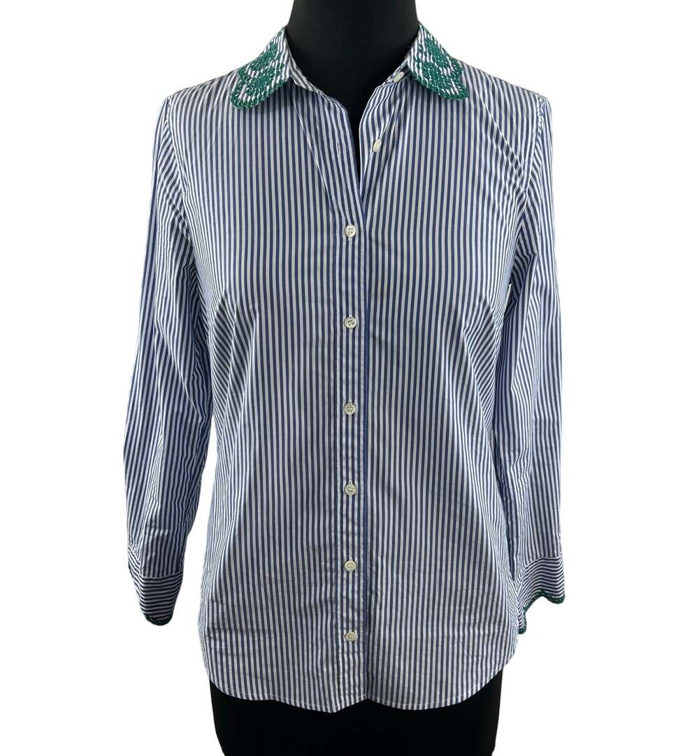 J.Crew Perfect Eyelet Trim Stripe Shirt Blue White Embroidered Button Down Sz 2